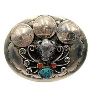 Squaw Wrap Vintage Native American Turquoise Coral Buffalo Nickel Belt Buckle